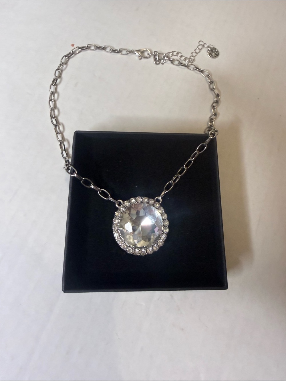 Source Unknown Silver-Tone Halo Pendant Necklace with Clear Crystal
